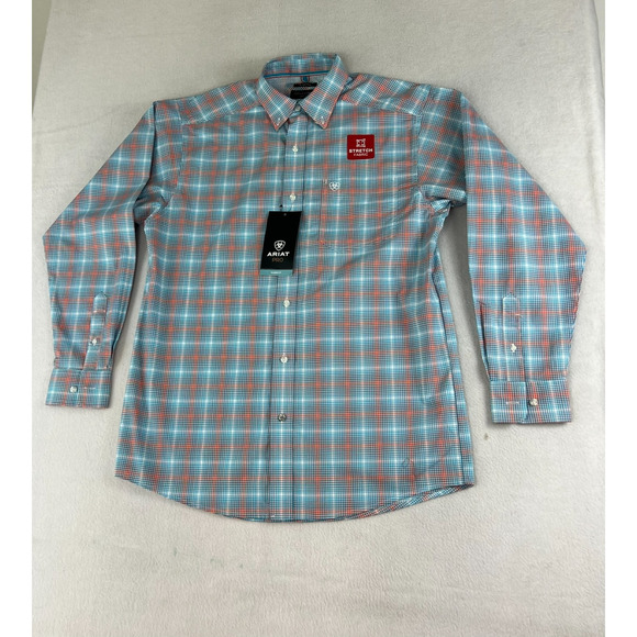 Ariat Button Up Shirt Men's M Naragon LS Stretch Orange Blue Plaid Classic NWT - Picture 1 of 15